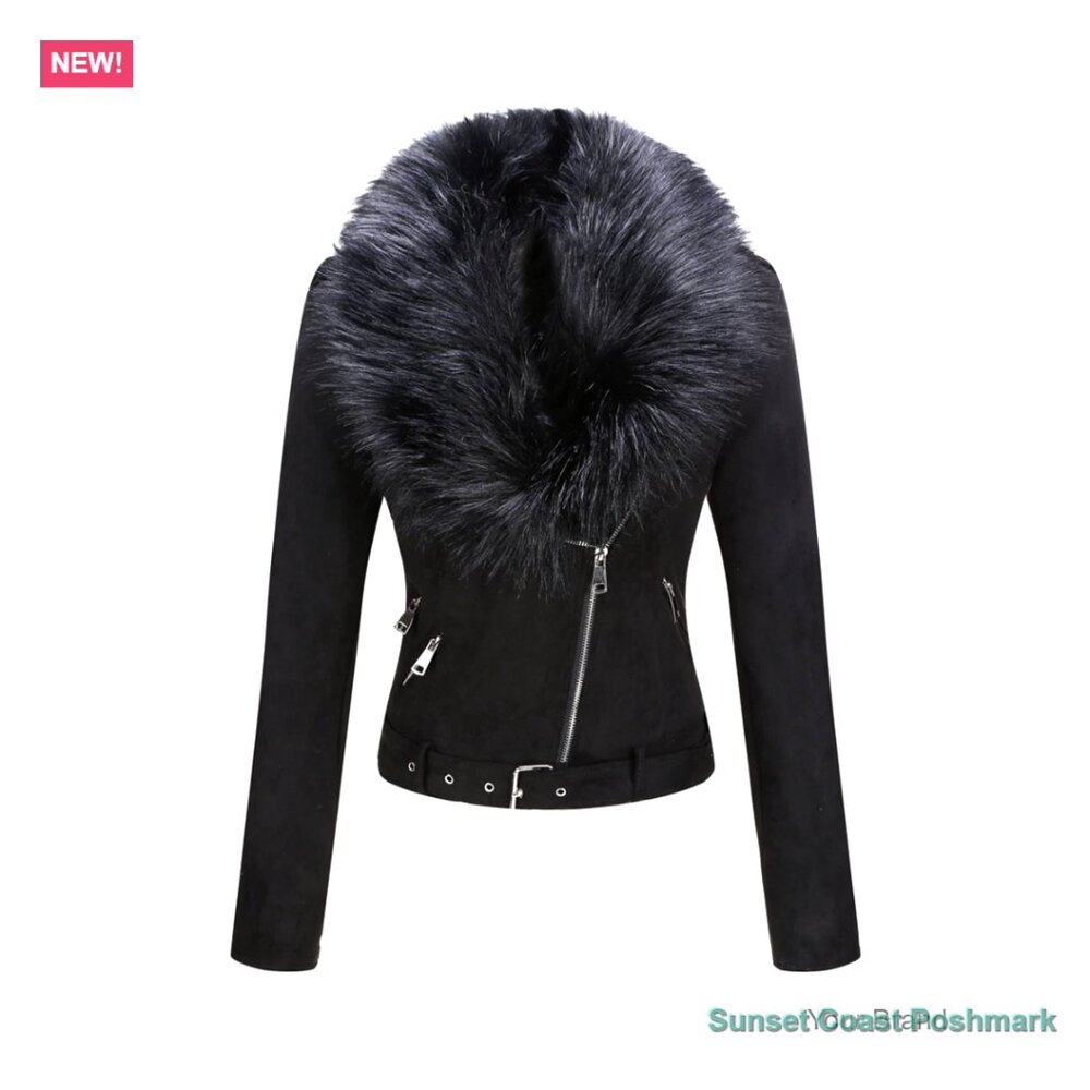 Faux Leather Suede Jacket Moto Biker Coat Sherpa-Lined Overcoat